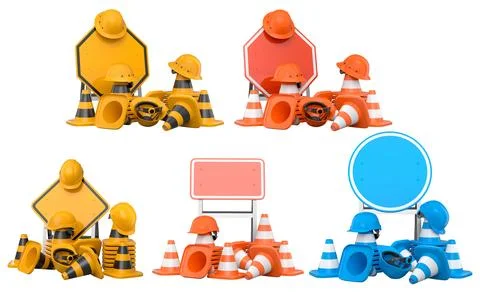 Construction hard hats, traffic cones, and road signs isolated on white bac.. Stock Illustration