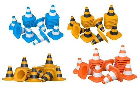 Construction hard hats, traffic cones, and road signs isolated on white bac.. Stock Illustration
