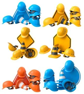 Construction hard hats, traffic cones, and road signs isolated on white Stock Illustration