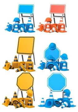 Construction hard hats, traffic cones, and road signs isolated on white bac.. Stock Illustration