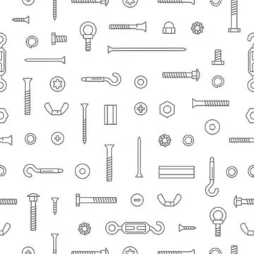 Construction hardware, screws, bolts, nuts and rivets pattern background Illustrazione stock