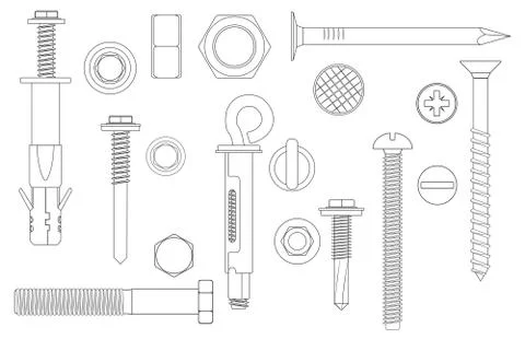 Construction Hardware set Bolts, Screws, Nuts and Rivets. vector illustration of Stock Illustration