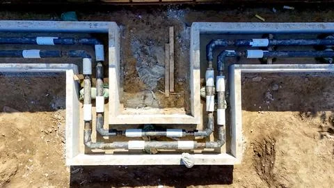 Construction of a heating main pipeline, top view Fotos de archivo