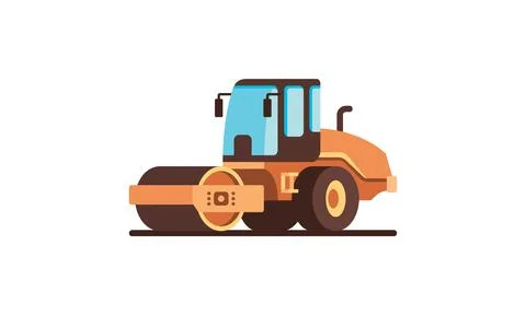 Construction heavy machinery equipment yellow road roller flat vector object Stock Illustration