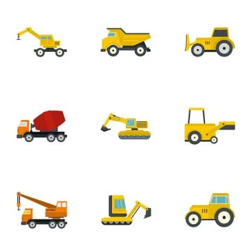 Construction heavy vehicle icon set, flat style Stock Illustration