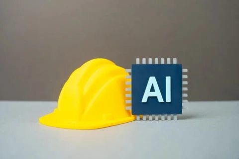 Construction helmet and AI microchip, use of artificial intelligence in des.. 写真素材