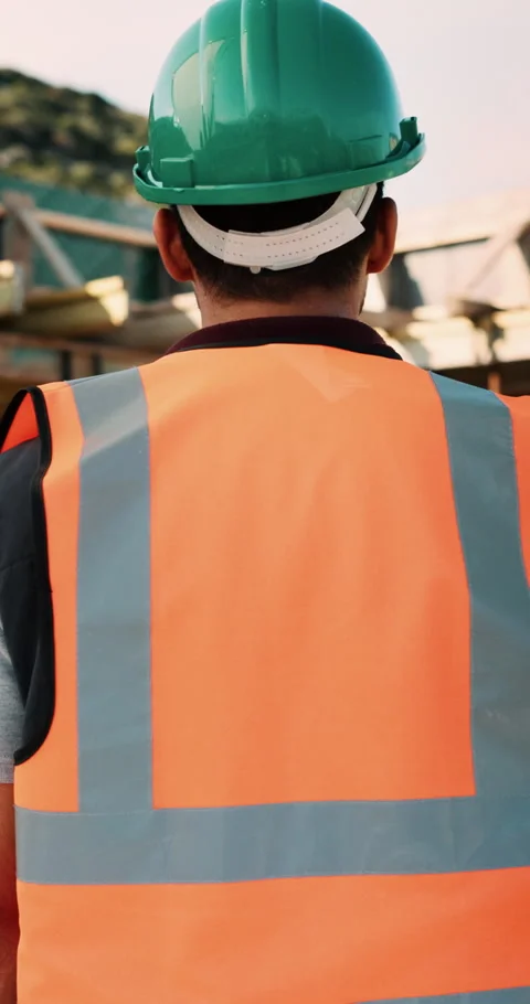 Construction, helmet and back of man with reflection, inspiration and building Stock Footage 336230651