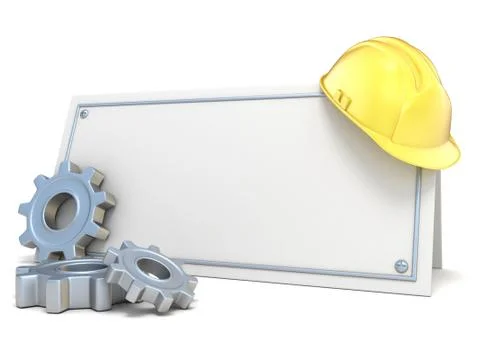 Construction helmet and gear wheels, on blank card. 3D Stock Illustration