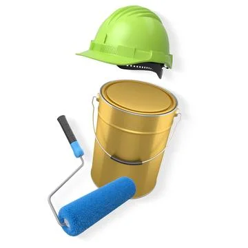 Construction helmet, paint roller, brush and paint bucket isolated on white.. Illustrazione stock