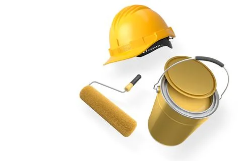 Construction helmet, paint roller, brush and paint bucket isolated on white.. Stock Illustration