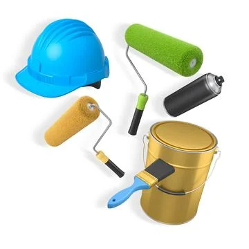 Construction helmet, paint roller, brush and paint bucket isolated on white.. Stock Illustration