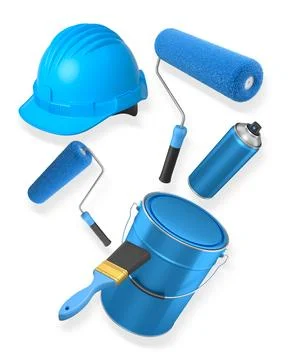 Construction helmet, paint roller, brush and paint bucket isolated on white.. Stock Illustration