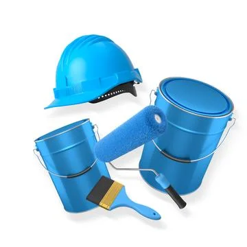 Construction helmet, paint roller, brush and paint bucket isolated on white b Stock Illustration