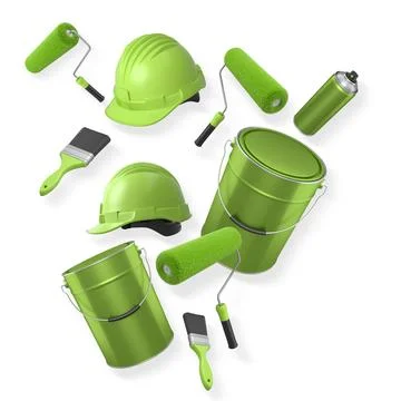 Construction helmet, paint roller, brush and paint bucket isolated on white.. 库存插图