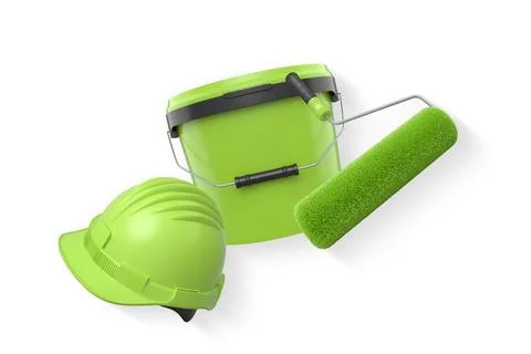 Construction helmet, paint roller, brush and paint bucket isolated on white.. 库存插图