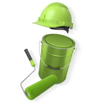 Construction helmet, paint roller, brush and paint bucket isolated on white.. Stock Illustration