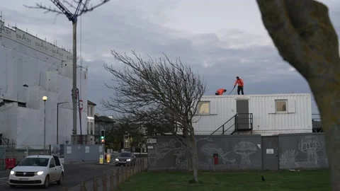 Construction High Vis Workers on Site Office of Brady Construction Crane Vídeo Stock 224730193