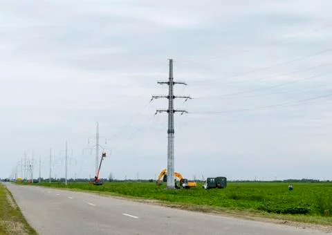 Construction of a high-voltage power line. Foto stock