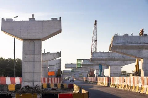 Construction of highway overpass bridge infrastructure in progress with morni Stock Photos