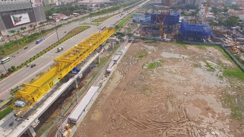 Construction of Ho Chi Minh City elevated metro line aerial shot 스톡 동영상 119009484
