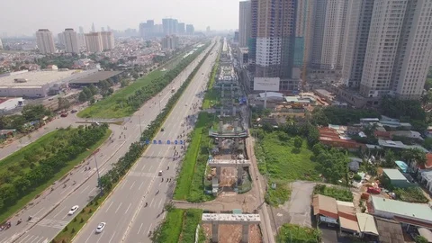 Construction of Ho Chi Minh City elevated metro line aerial shot Stockbeeldmateriaal 119009554