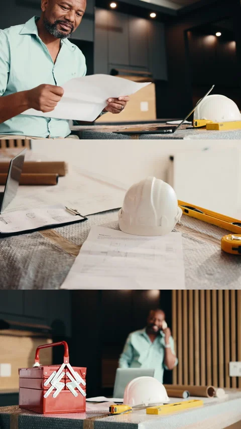 Construction, home improvement and renovation with black man in kitchen for Stock Footage 338049637