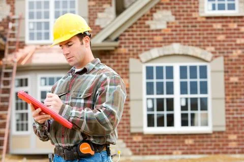 Construction: home inspector checking house Stock Photos