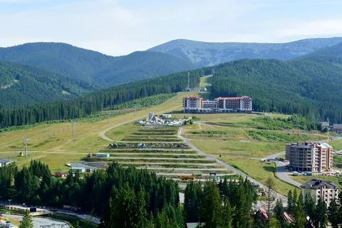 Construction of the hotel complex in Bukovel near the ski lift Stock Photos