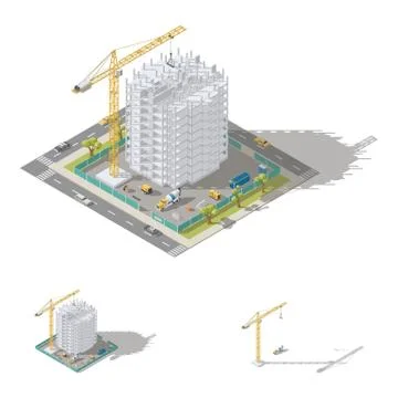 Construction of house, monolithic frame of the building isometric low poly ic Stock Illustration