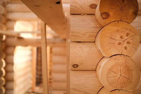 Construction of a house from rounded logs. Ecological house. Stock Photos