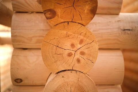 Construction of a house from rounded logs. Ecological house. Stock Photos