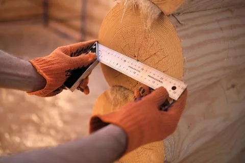 Construction of a house from rounded logs Stock Photos