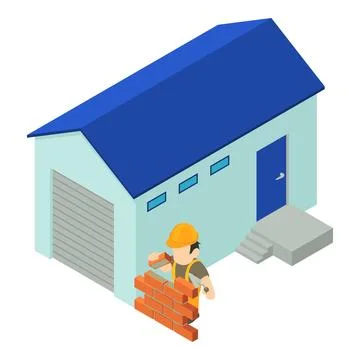 Construction icon isometric vector. Worker laying brick near utility building Ilustración de archivo