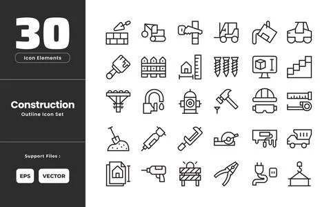 Construction Icon Set Collection - Outline Line Art Style. Containing Brick.. Stock Illustration