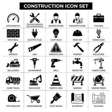 Construction icon set with tools, vehicles, and safety equipment for buildi.. Stock Illustration