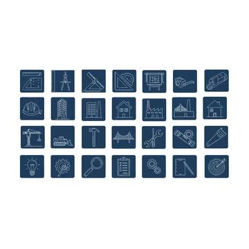 Construction icons: blueprints, tools, buildings, engineering on dark blue Stock Illustration