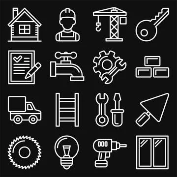 Construction Icons Set on Black Background. Line Style Vector Stock Illustration