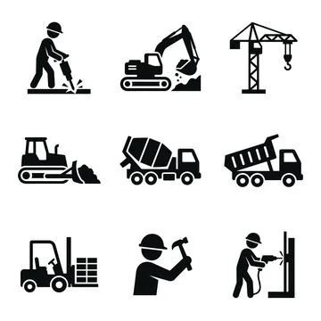 Construction icons set, black silhouettes, industrial workers and machinery.. Stock Illustration