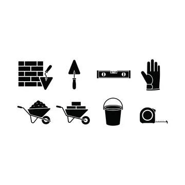 Construction icons set with brick wall trowel level glove wheelbarrow bucket Stock Illustration