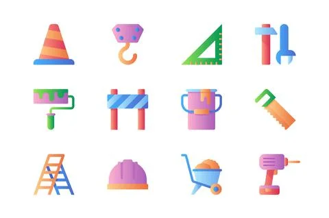Construction icons set in color flat design. Pack of traffic cone, building c Ilustración de archivo