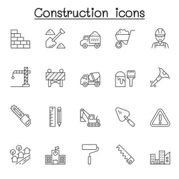 Construction icons set in thin line style 스톡 일러스트