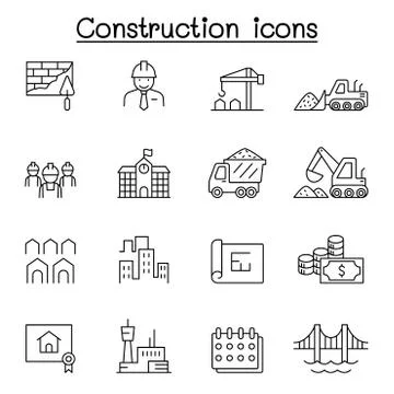 Construction icons set in thin line style Illustrazione stock