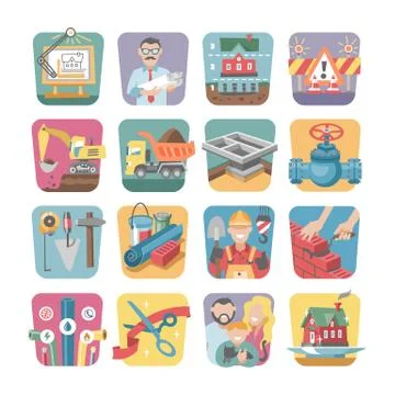 Construction icons vector constructive equipmentor tools of builder or Stock Illustration