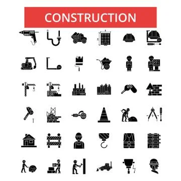 Construction illustration, thin line icons, linear flat signs, vector symbols Stock Illustration