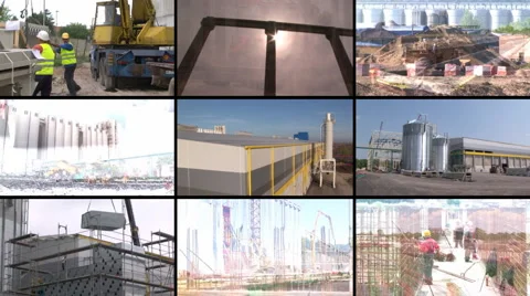 Construction of industrial complex multiscreen Stock Footage 977929