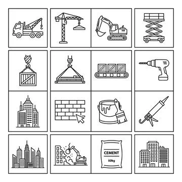 Construction industry icons set with crane, excavator, drill, cement bag, b.. Stock Illustration
