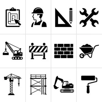 Construction industry icons set including blueprint, worker, tools, crane, .. Stock Illustration