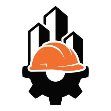 Construction industry logo design featuring silhouette of city buildings in.. Stock Illustration