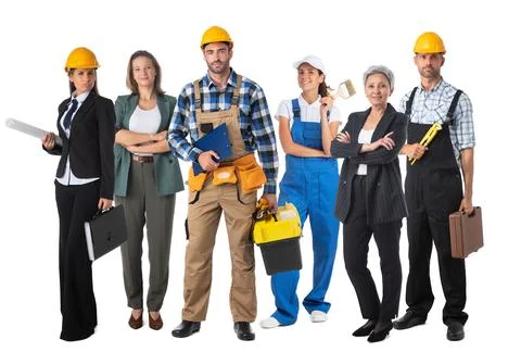 Construction industry workers on white Stock Photos