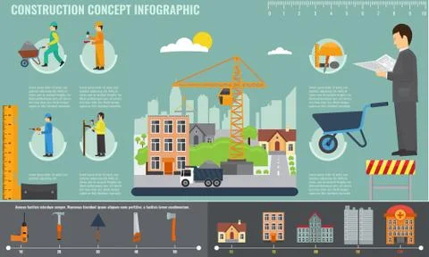 Construction infographics set with engineer and workers equipment tools. Stock Illustration